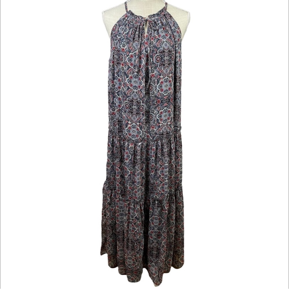 DREW Navy Medallion Sleeveless Tiered Maxi Dress Size Large